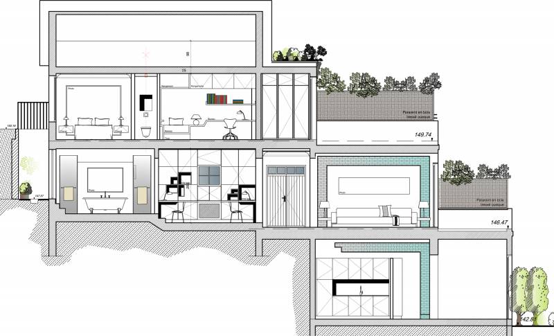 Plan Coupe du projet d'extension  d'une maison  4 niveaux - ID CHRISTOPHE DAUDRÉ