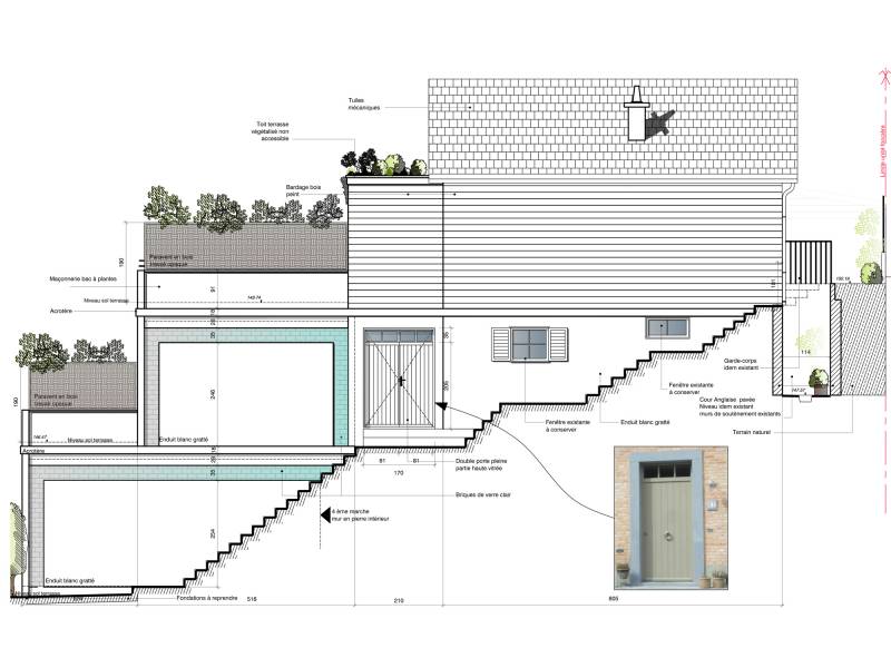 Plan Coupe du projet d'extension d'une maison 4 niveaux - ID CHRISTOPHE DAUDRE