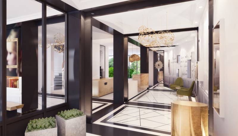 Concept en 3D du lobby d'un hôtel boutique à Paris, 75016
